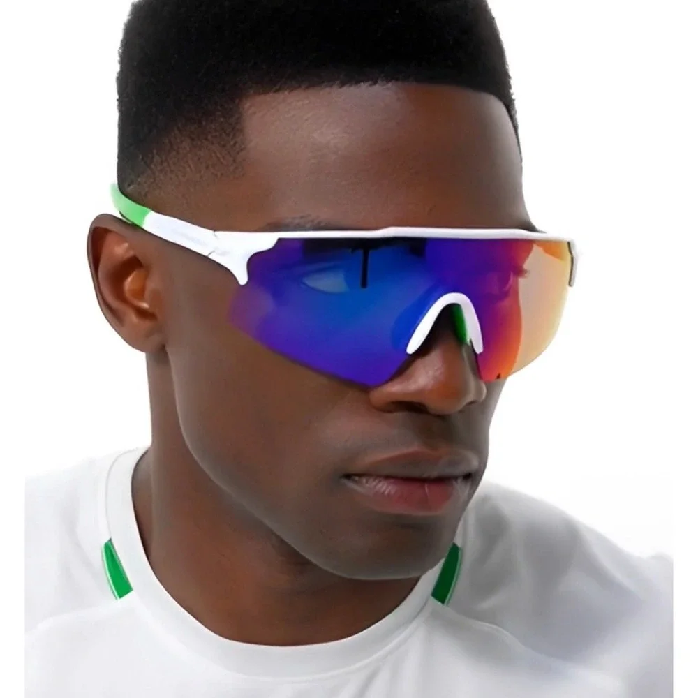 Sport Sunglasses Cycling Running Glasses UV Protection White Frame Blue Mirror‎